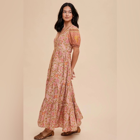 Dusty Rose Border Print Button Down Maxi Dress- Size Small - Picture 2 of 6